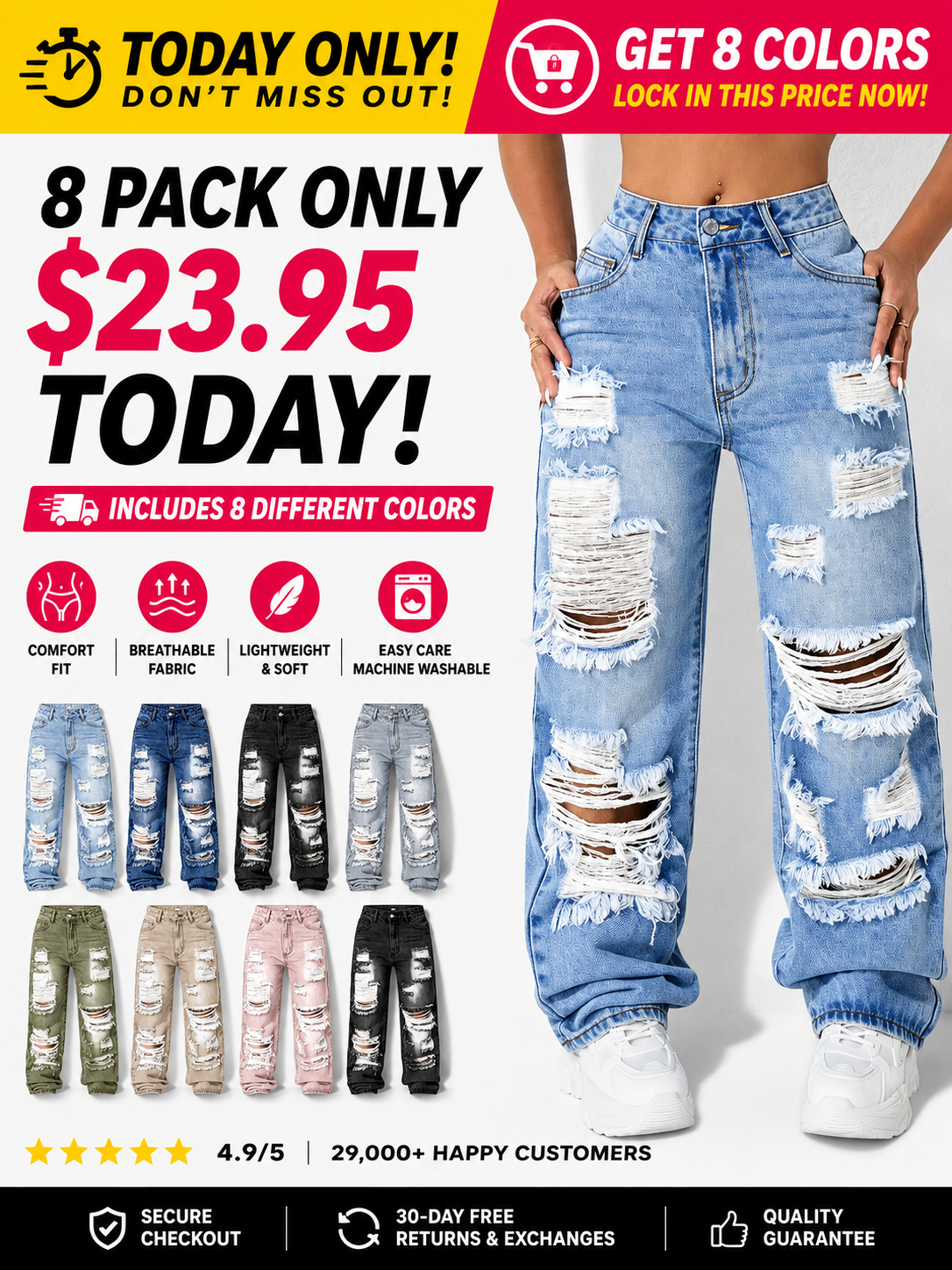 [Last Day Promotion]High Waist Pocket Ripped Denim High Rise Jeans