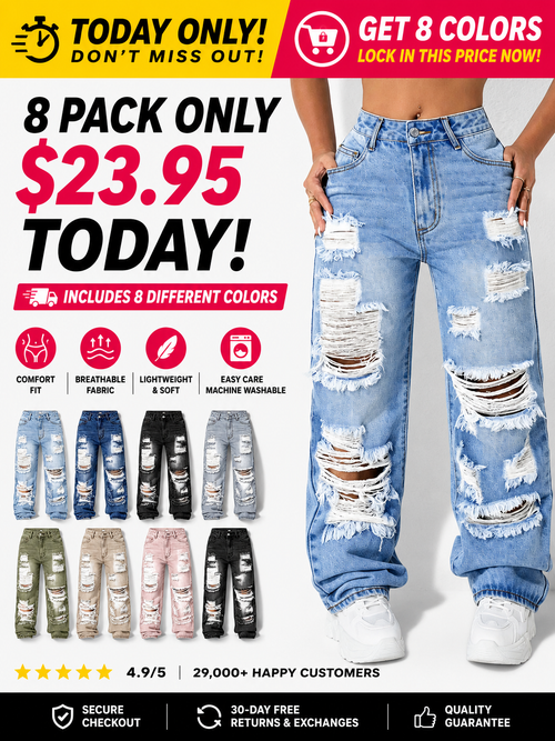 [Last Day Promotion]High Waist Pocket Ripped Denim High Rise Jeans