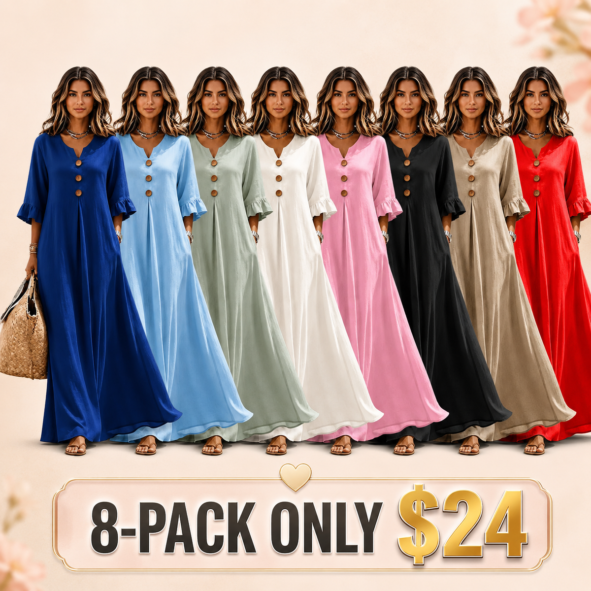 Women's Boho Solid V-Neck A-Line Dress
