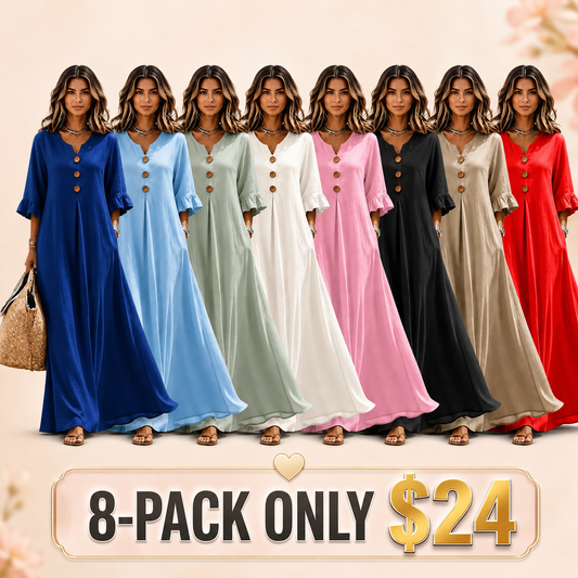 Women's Boho Solid V-Neck A-Line Dress