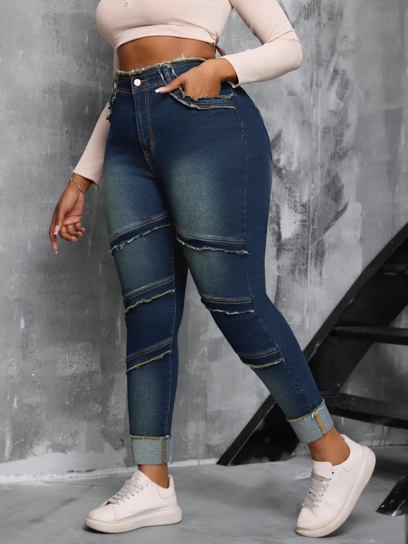 Raw Hem High Waist Dark Wash Stretchy Denim Jeans