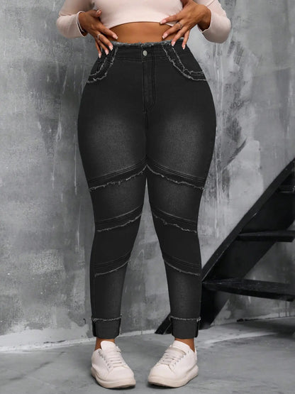 Raw Hem High Waist Dark Wash Stretchy Denim Jeans