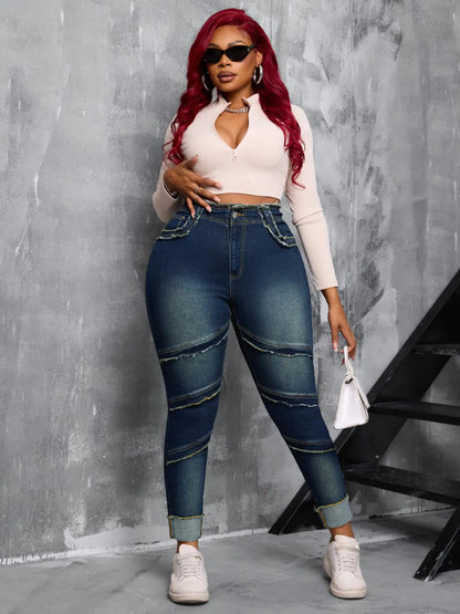 Raw Hem High Waist Dark Wash Stretchy Denim Jeans