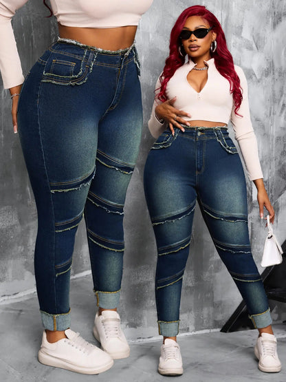 Raw Hem High Waist Dark Wash Stretchy Denim Jeans