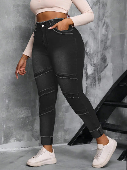 Raw Hem High Waist Dark Wash Stretchy Denim Jeans
