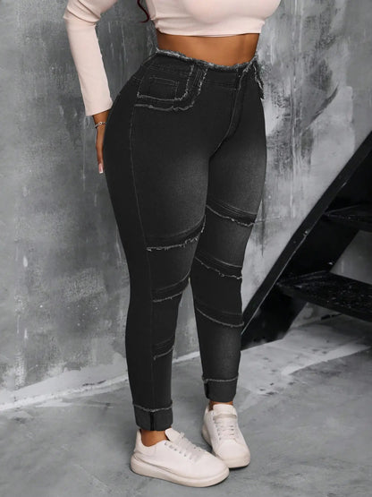 Raw Hem High Waist Dark Wash Stretchy Denim Jeans