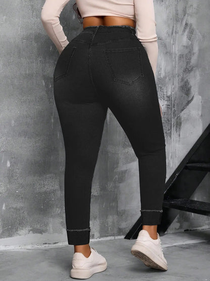 Raw Hem High Waist Dark Wash Stretchy Denim Jeans