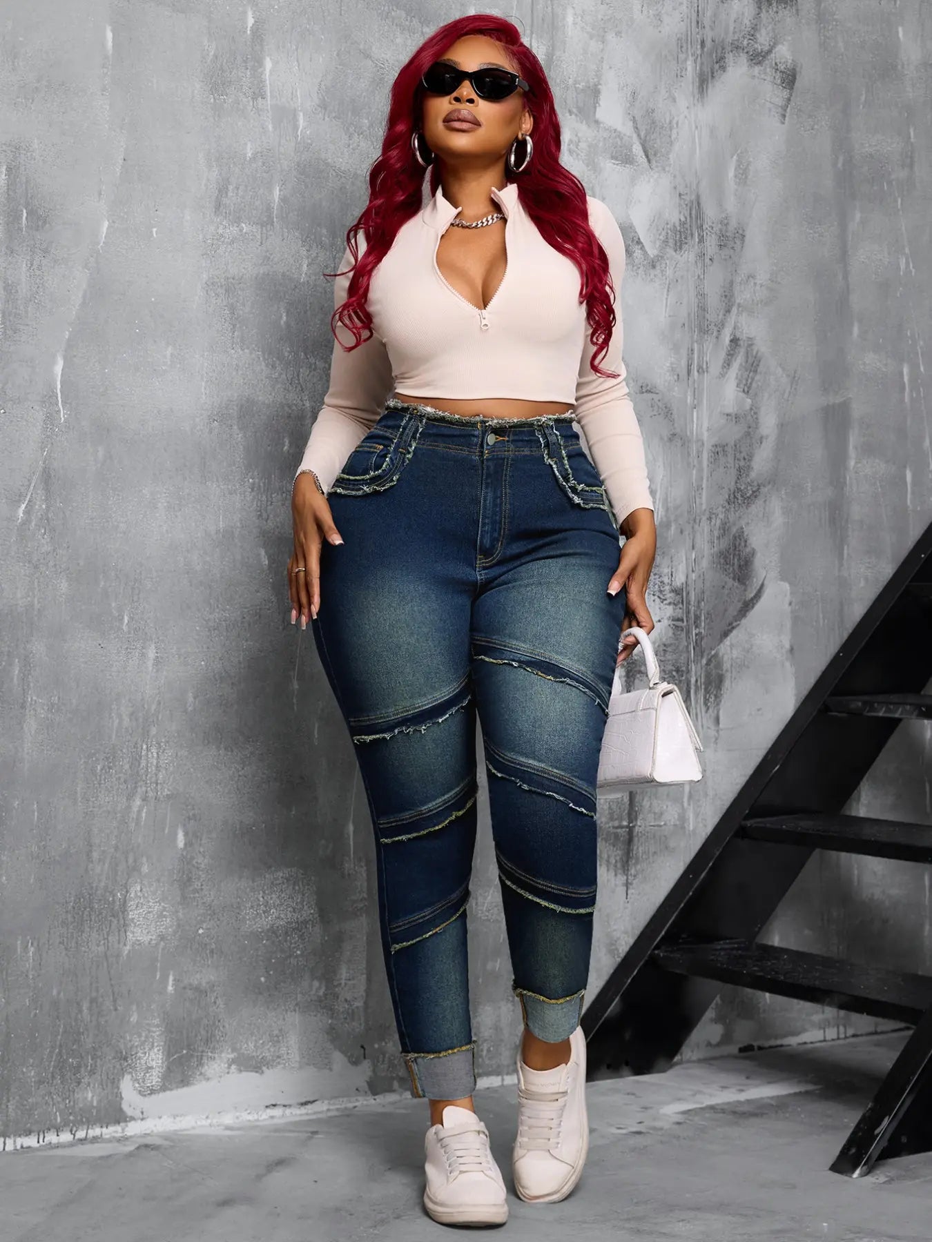 Raw Hem High Waist Dark Wash Stretchy Denim Jeans