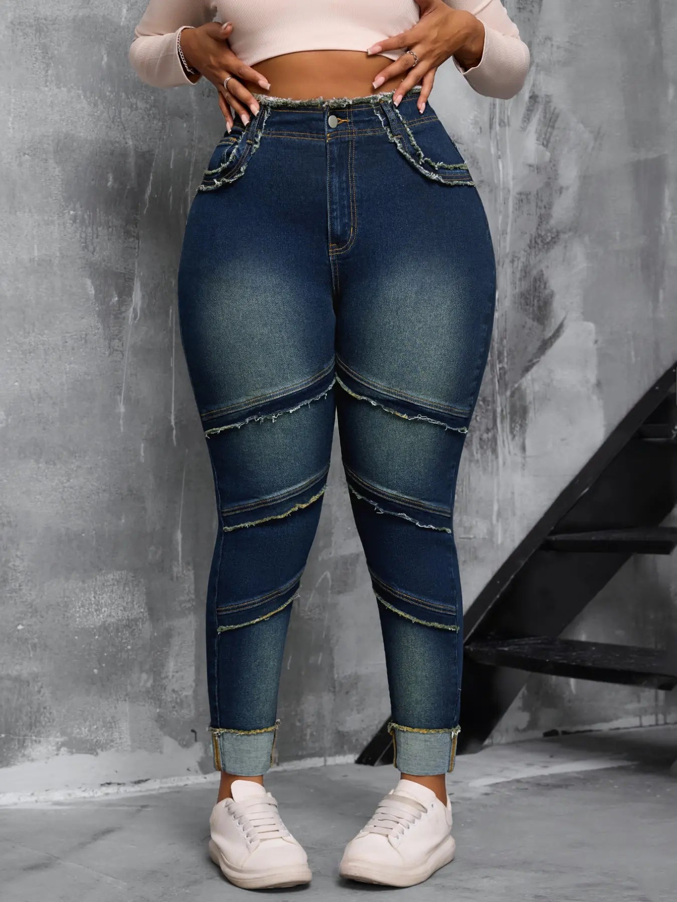 Raw Hem High Waist Dark Wash Stretchy Denim Jeans