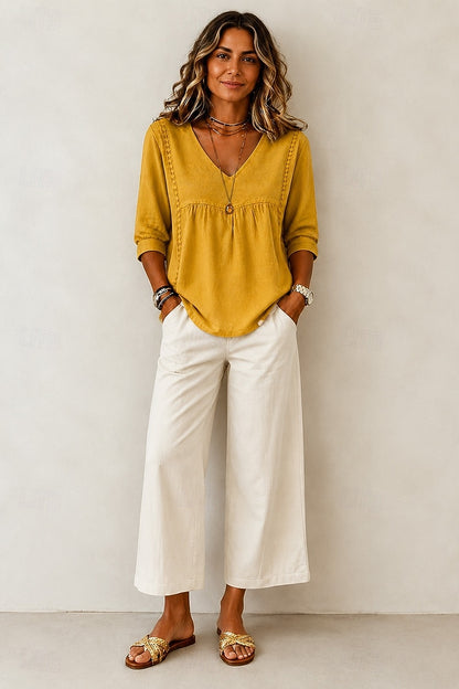 【LAST DAY SALE】Women's Loose-Fit V-Neck Lace Blouse, 3/4-Length Puff Sleeves