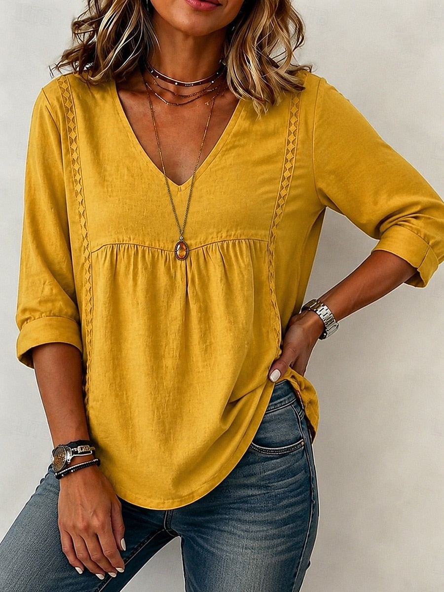 【LAST DAY SALE】Women's Loose-Fit V-Neck Lace Blouse, 3/4-Length Puff Sleeves