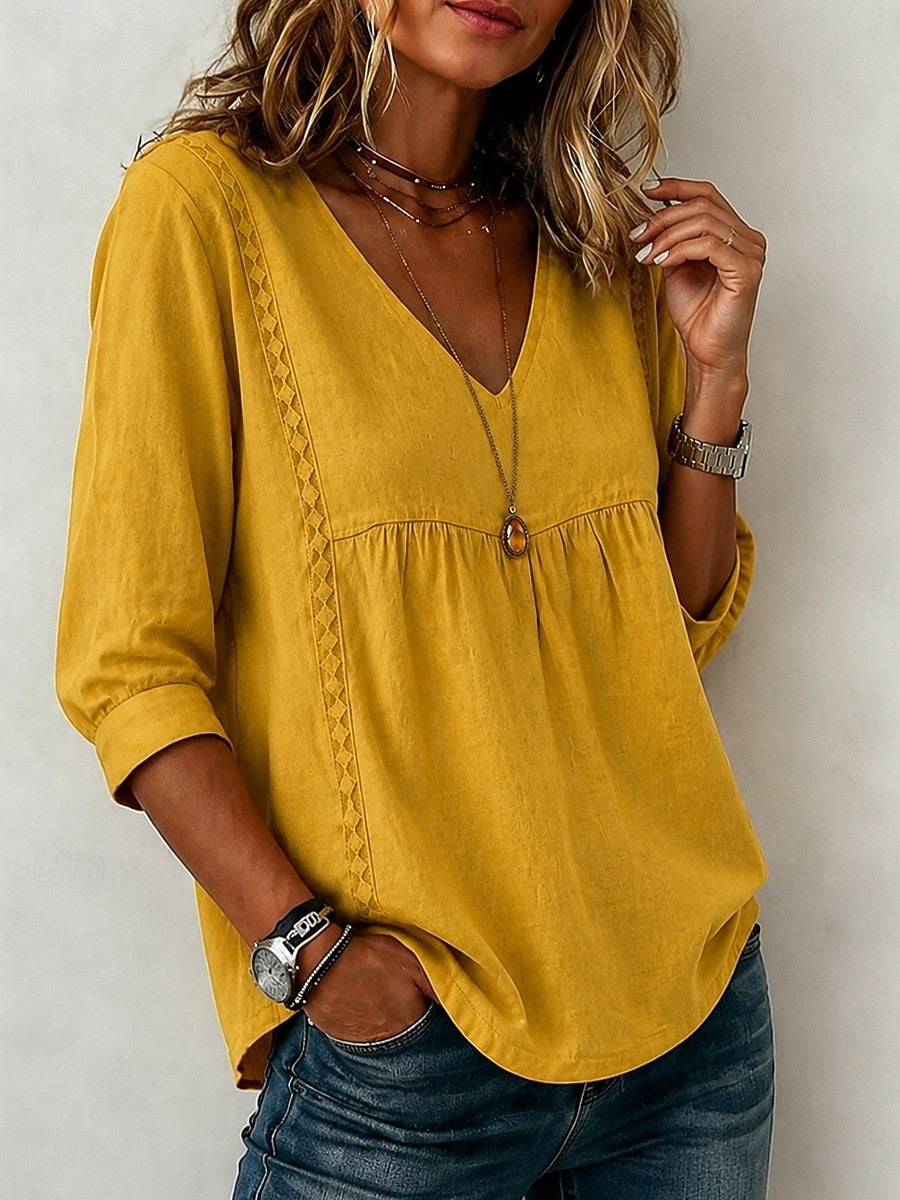 【LAST DAY SALE】Women's Loose-Fit V-Neck Lace Blouse, 3/4-Length Puff Sleeves