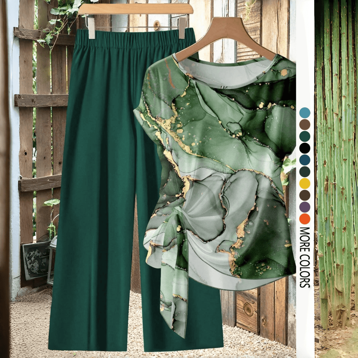 【LAST DAY SALE】Women's Casual Printed Knot Shirt and Loose Straight Pants Set
