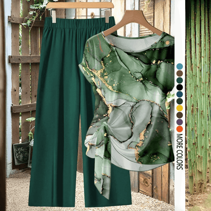 【LAST DAY SALE】Women's Casual Printed Knot Shirt and Loose Straight Pants Set