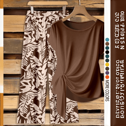 【LAST DAY SALE】Women's Casual Printed Knot Shirt and Loose Straight Pants Set