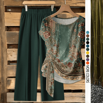 【LAST DAY SALE】Women's Casual Printed Knot Shirt and Loose Straight Pants Set