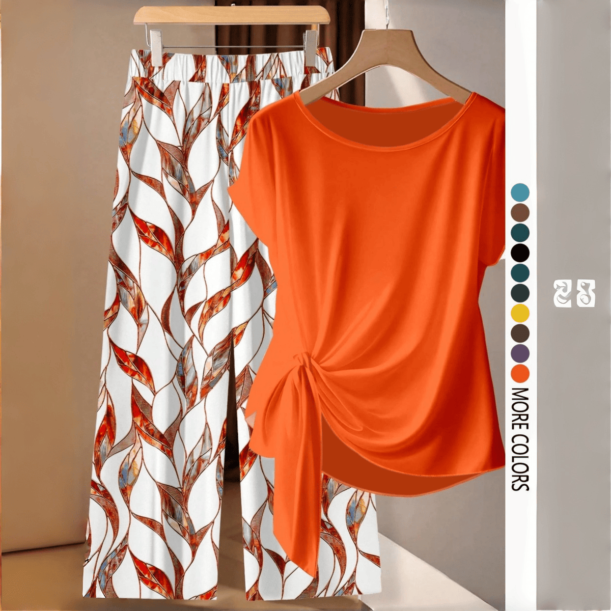 【LAST DAY SALE】Women's Casual Printed Knot Shirt and Loose Straight Pants Set