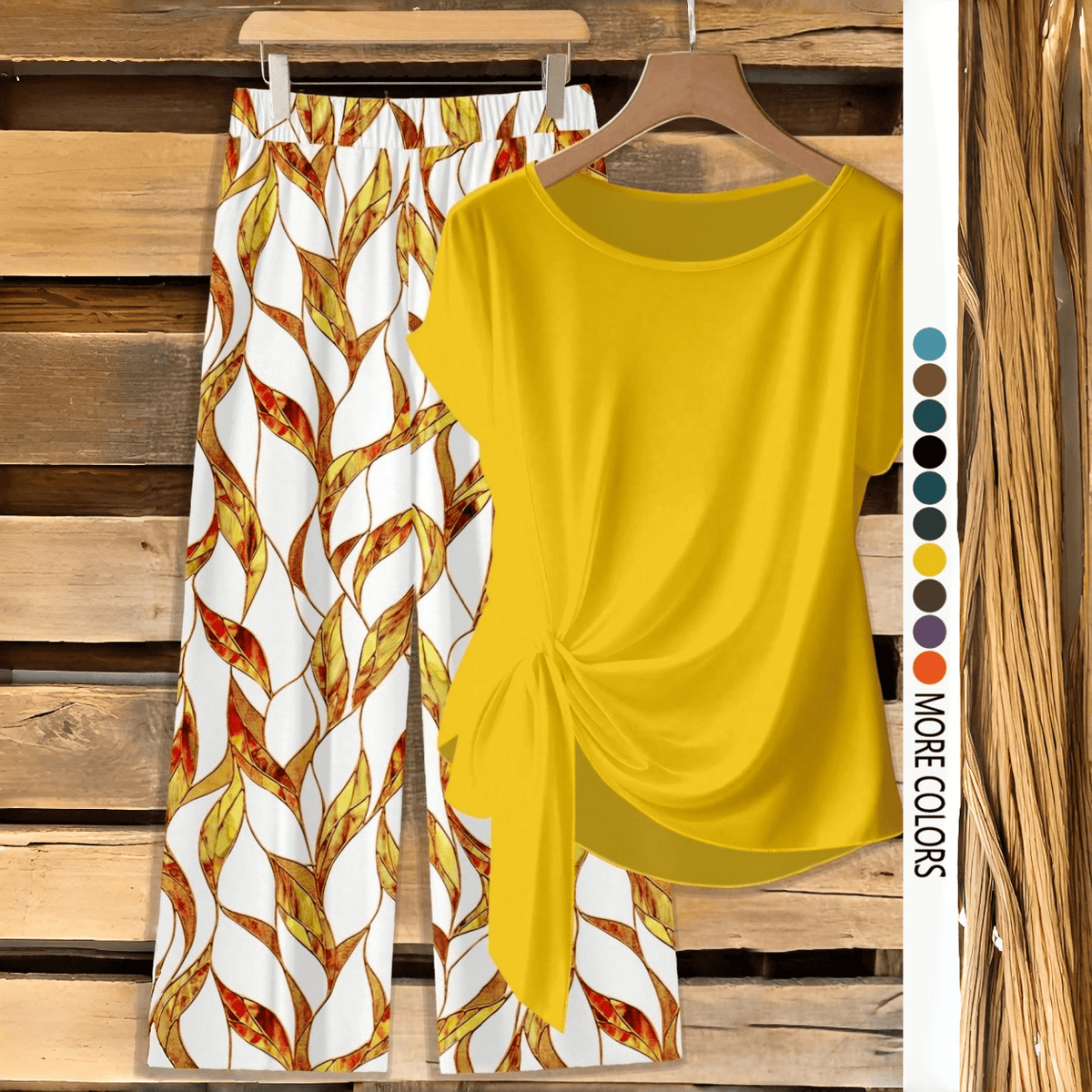 【LAST DAY SALE】Women's Casual Printed Knot Shirt and Loose Straight Pants Set