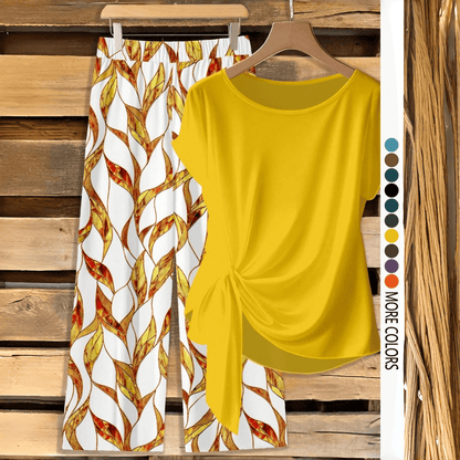 【LAST DAY SALE】Women's Casual Printed Knot Shirt and Loose Straight Pants Set