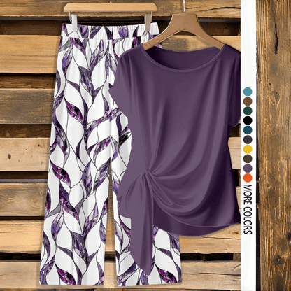 【LAST DAY SALE】Women's Casual Printed Knot Shirt and Loose Straight Pants Set
