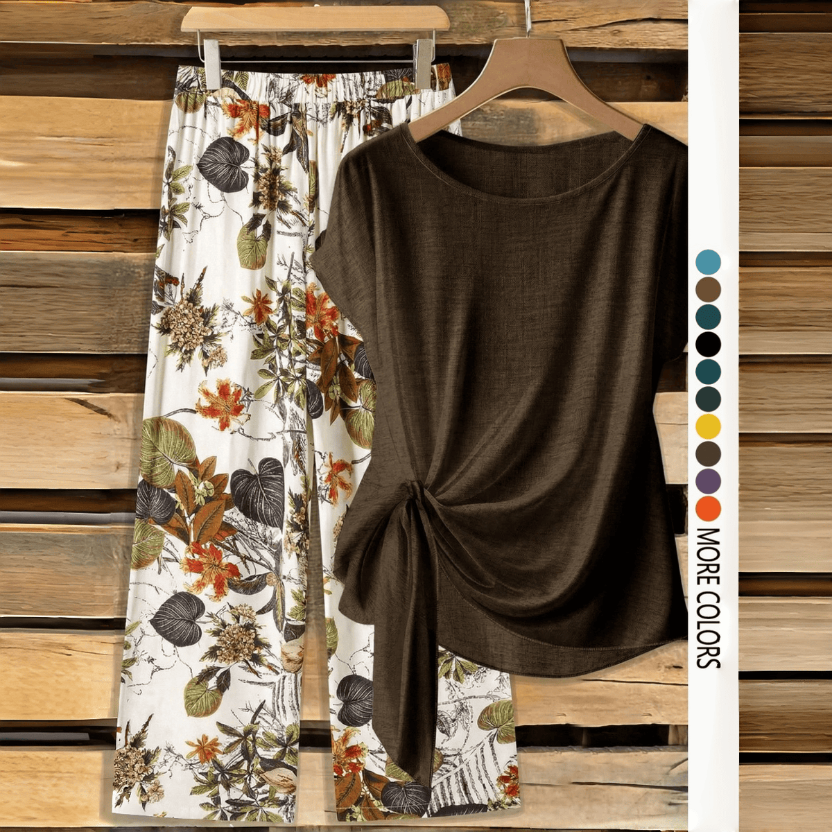 【LAST DAY SALE】Women's Casual Printed Knot Shirt and Loose Straight Pants Set