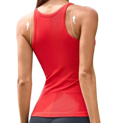 Women's Seamless Ribbed Racerback Tank Top Crew Neck Athletic Workout Camisole with Built-In Bra