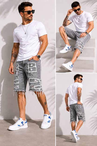 Raw Hem Denim Shorts with Rips – Edgy Urban Casual Warm-Weather Essential
