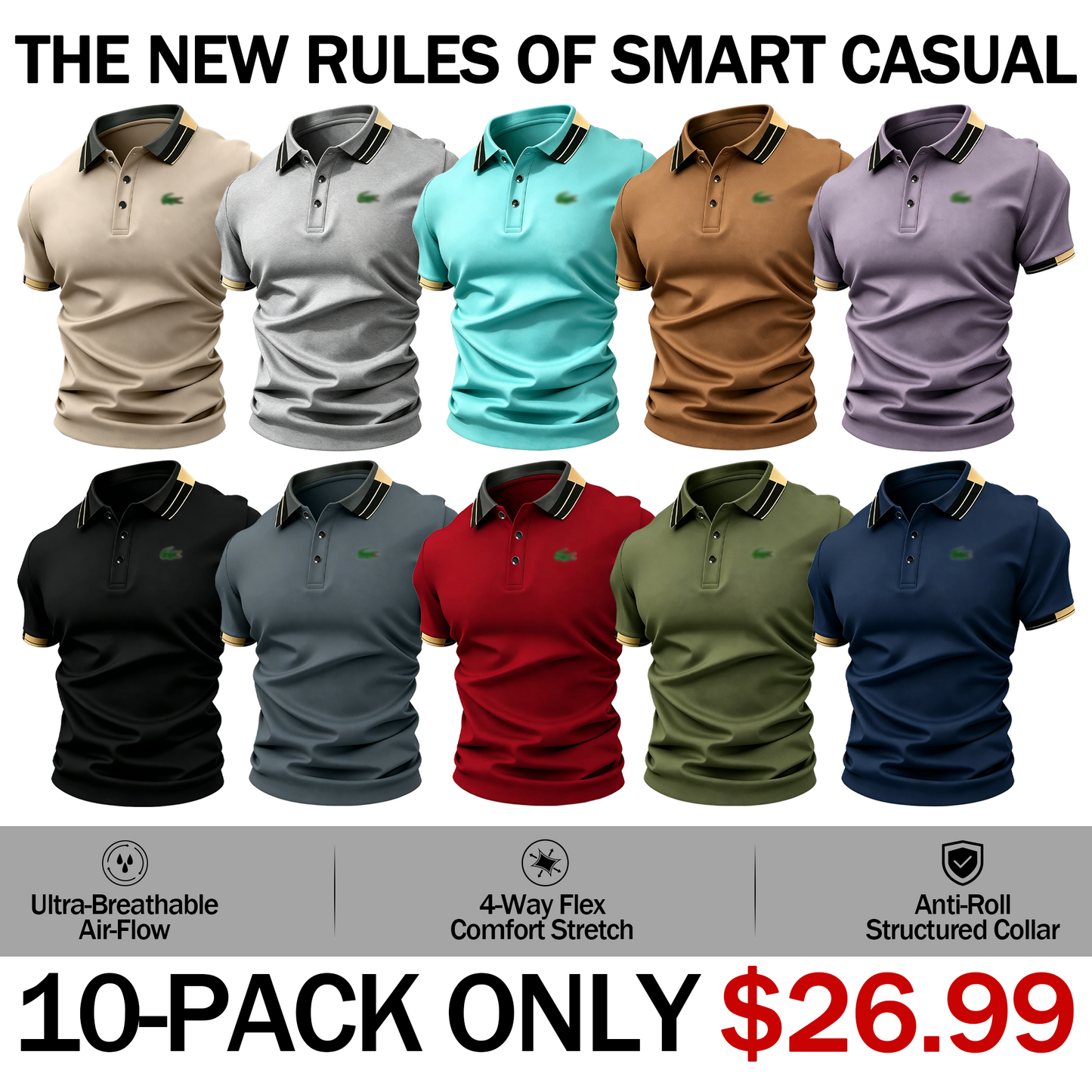 Men’s Crocodile Print Polo Shirt – Breathable Casual Stretch Fit Top